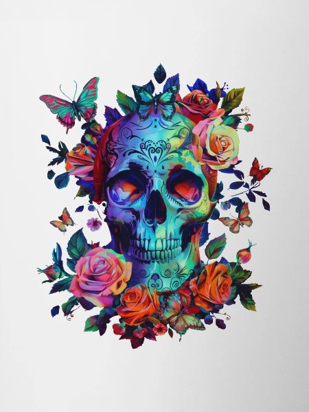 Crâne avec fleurs et papillon