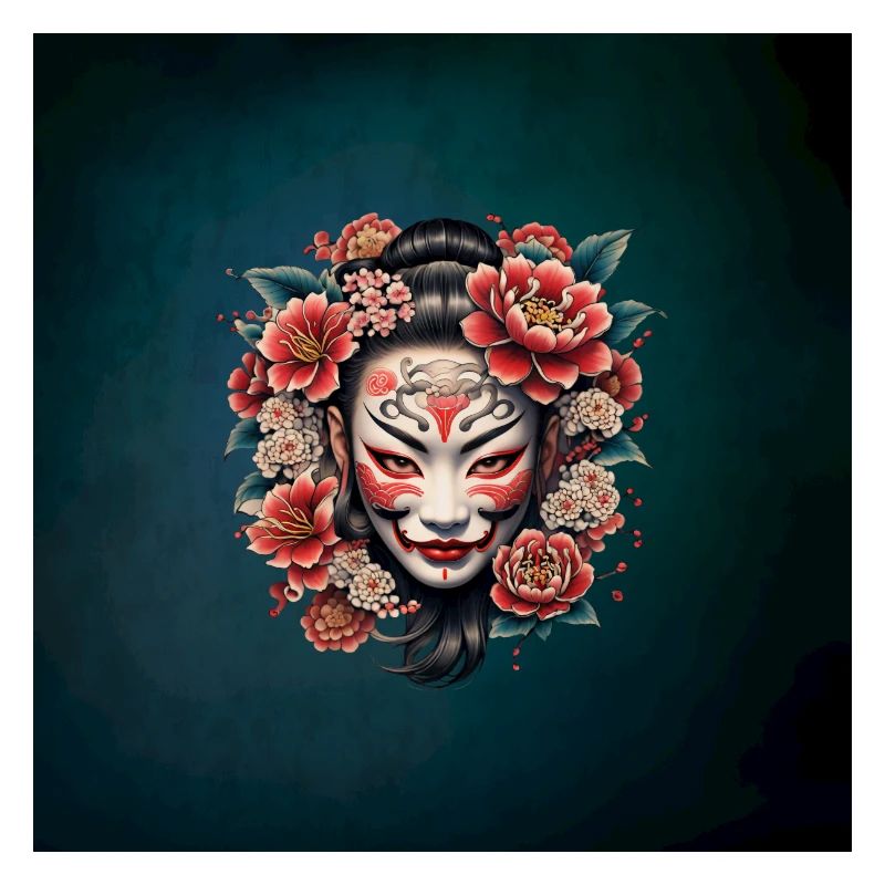 Masque japonais décoré de fleurs.