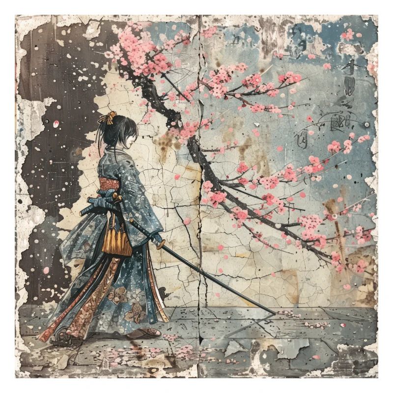 Japonais, Samouraï, Cerisier en fleurs, Art, Ukiyo-e