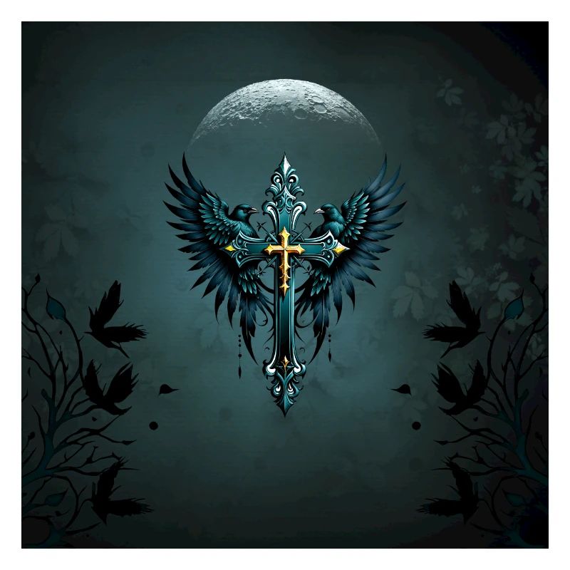 Croix gothique avec des éléments décoratifs et des oiseaux.