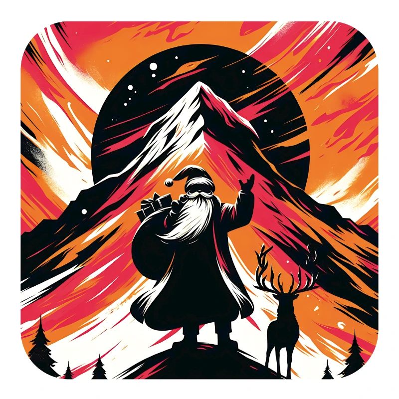 Weihnachtsmann mit Rentier im Gebirge