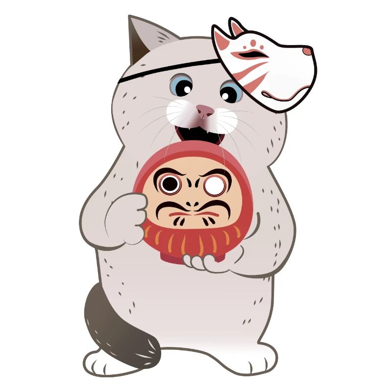 cute cat holding daruma with kabuki mask