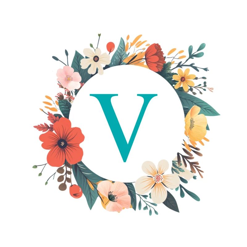 V Monogram, Flower Wreath, Personalizable