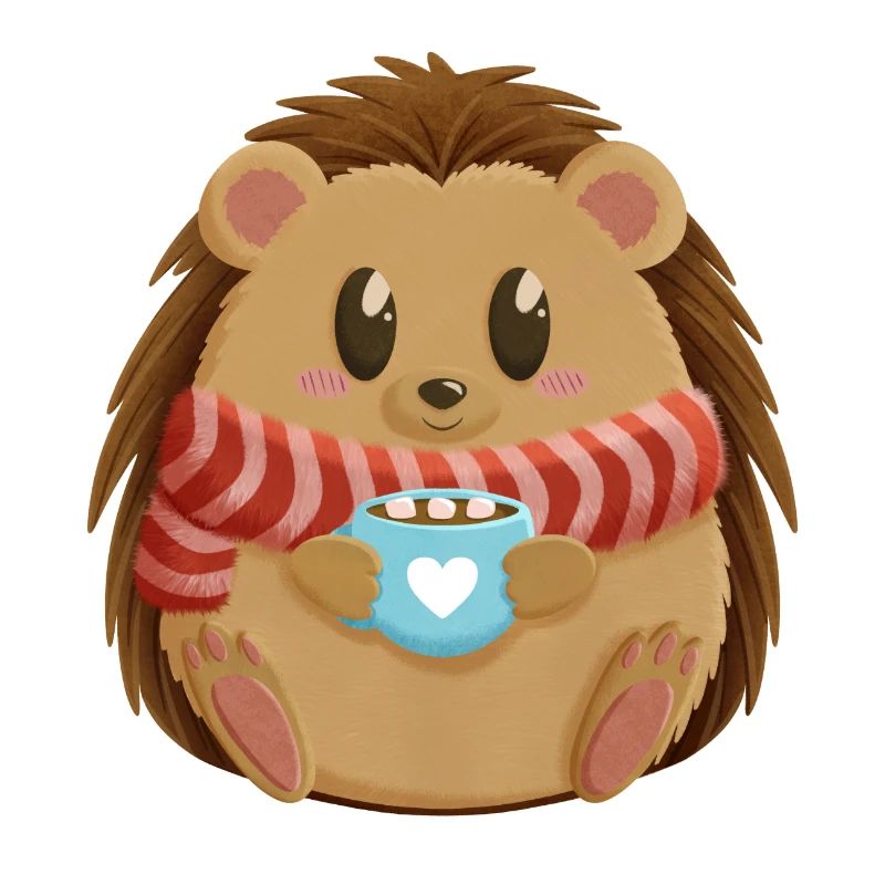 Hérisson mignon en tenue d’hiver avec cacao