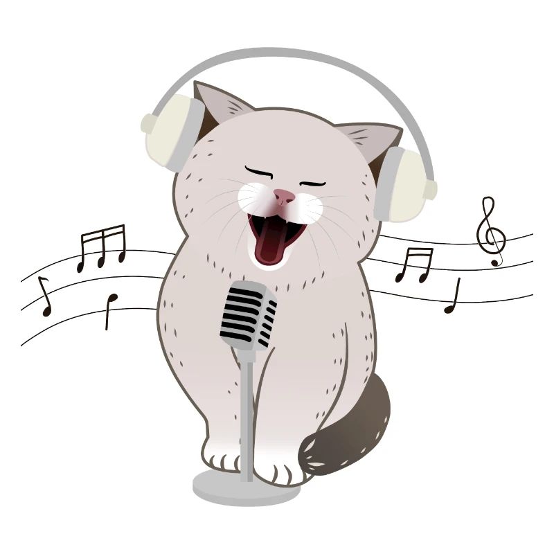 Chat mignon chantant avec des écouteurs et un microphone