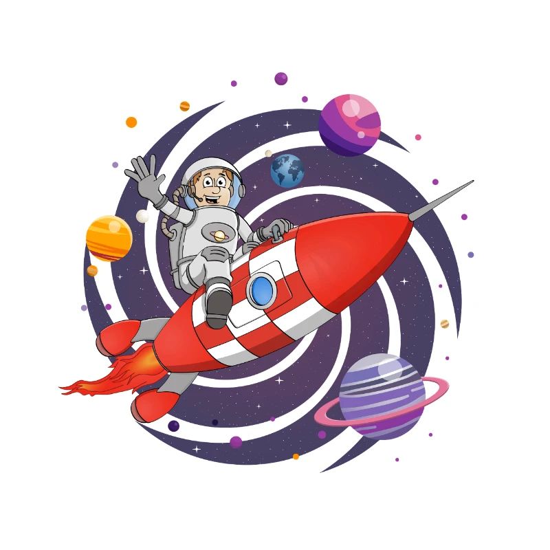 Der Astronaut und die rote Rakete im All.