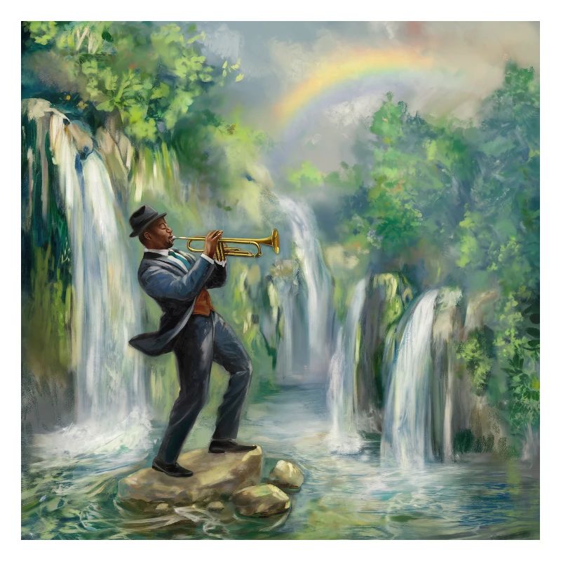 Jazz Trompeter vor Wasserfällen im Dschungel