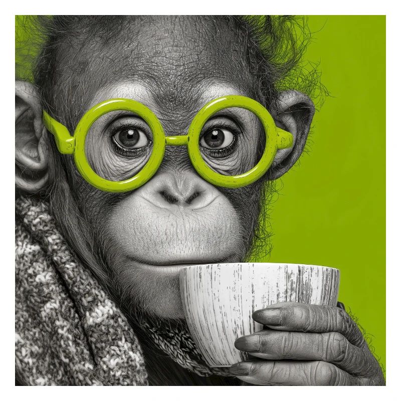 Monkey with coffee and glasses in green