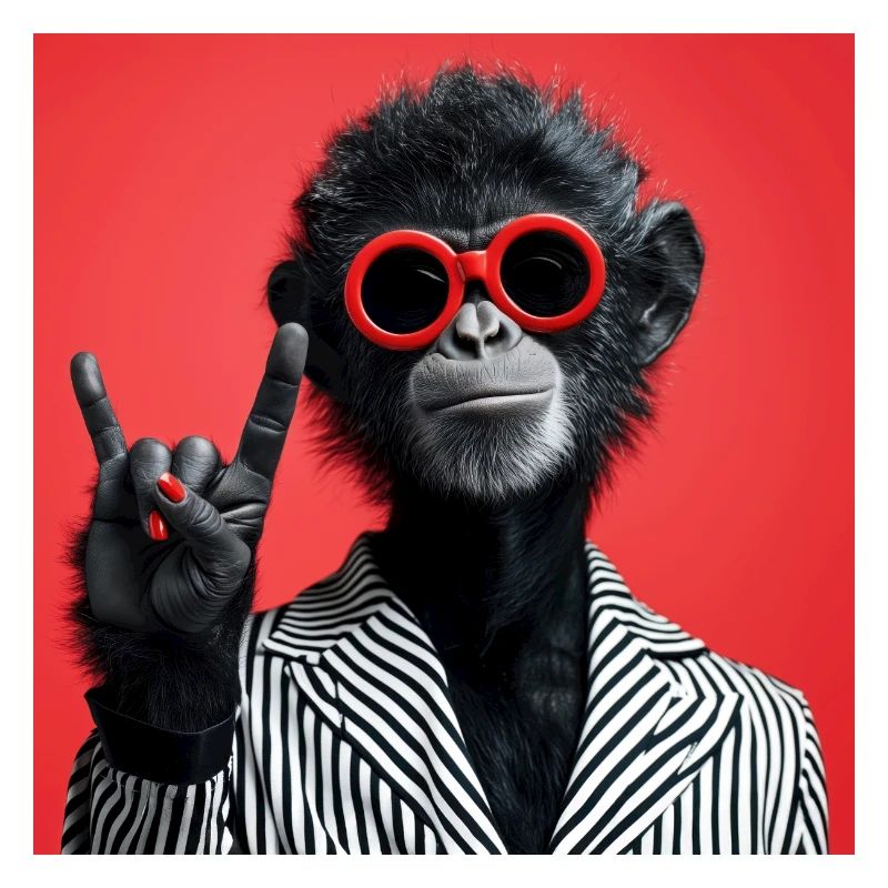 Affe mit roter Sonnenbrille macht Rock Geste