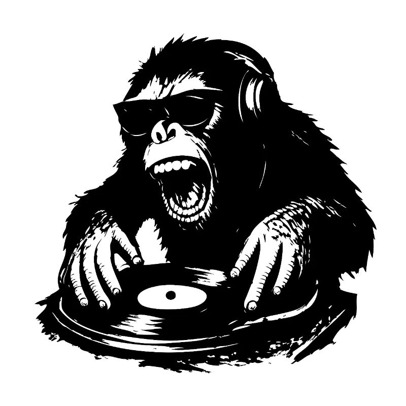 Wild DJ monkey on vinyl turntable