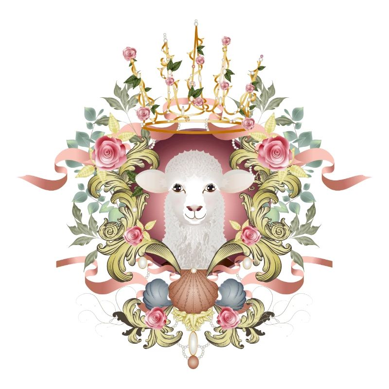A sheep in a lavishly decorated frame with a crown