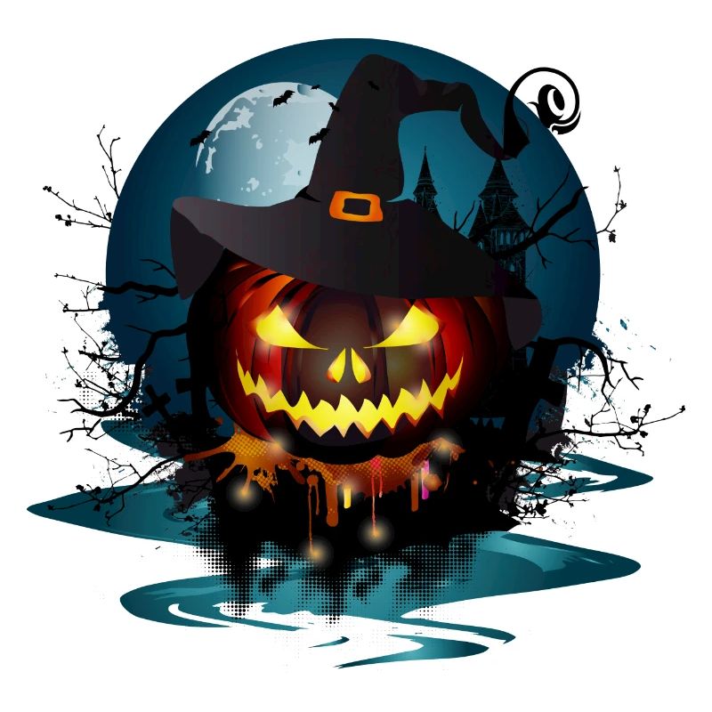 Dark Halloween Pumpkin With Witches Hat & Full Moon