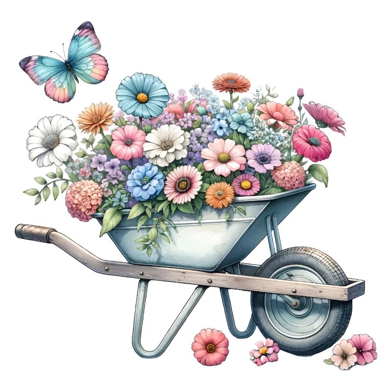 Brouette remplie de fleurs aux couleurs pastel