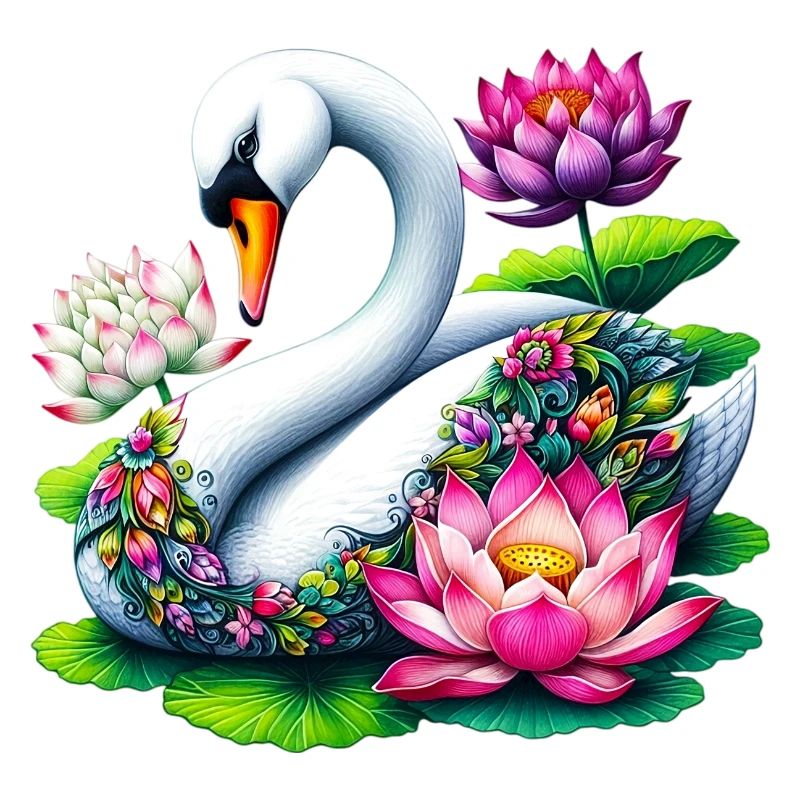 Cygne décoré de fleurs de lotus