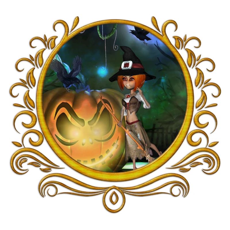 Cute little witch with pumpkin at night