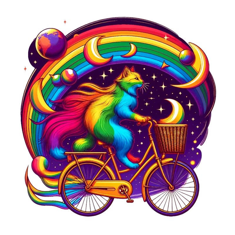 Chat sur un vélo aux couleurs de l’arc-en-ciel