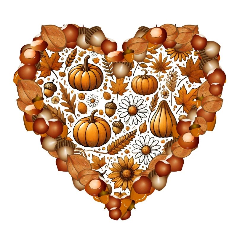 Cœur, rempli de citrouilles, de feuilles, de noix et de fleurs