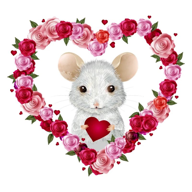 white mouse with roses heart for valentine's day