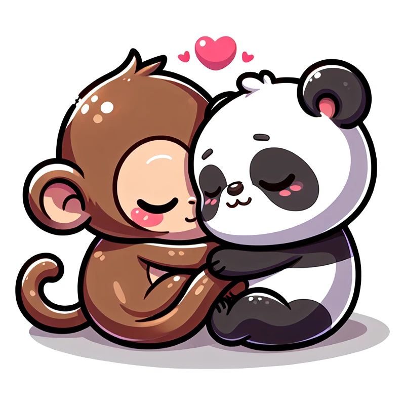 Cuddling Monkey And Panda In Love