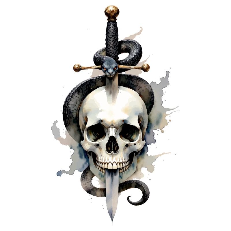 Crâne, épée et serpent – Aquarelle Art sombre