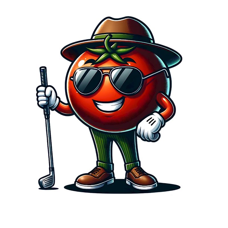 Funny golf tomato with sunglasses and