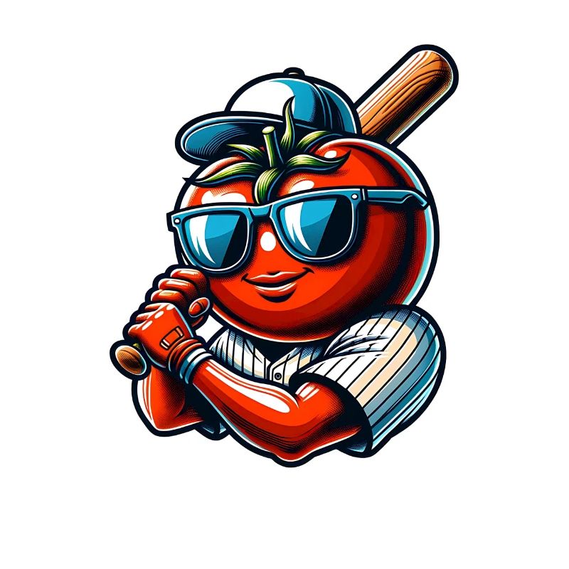 Lustiger Baseball Spieler mit Tomate