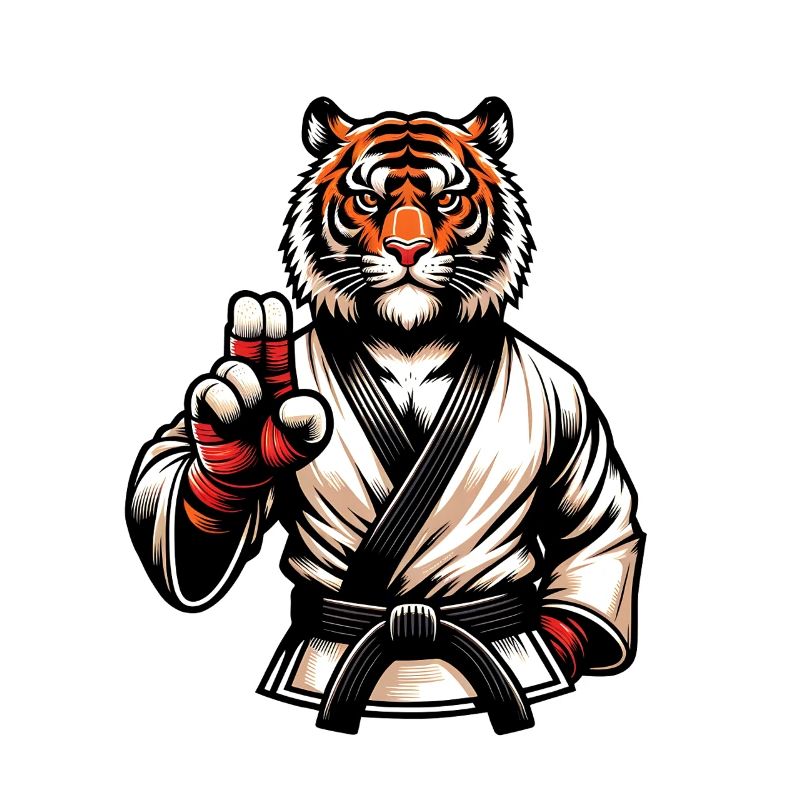 Tigre en karaté gi avec un regard déterminé