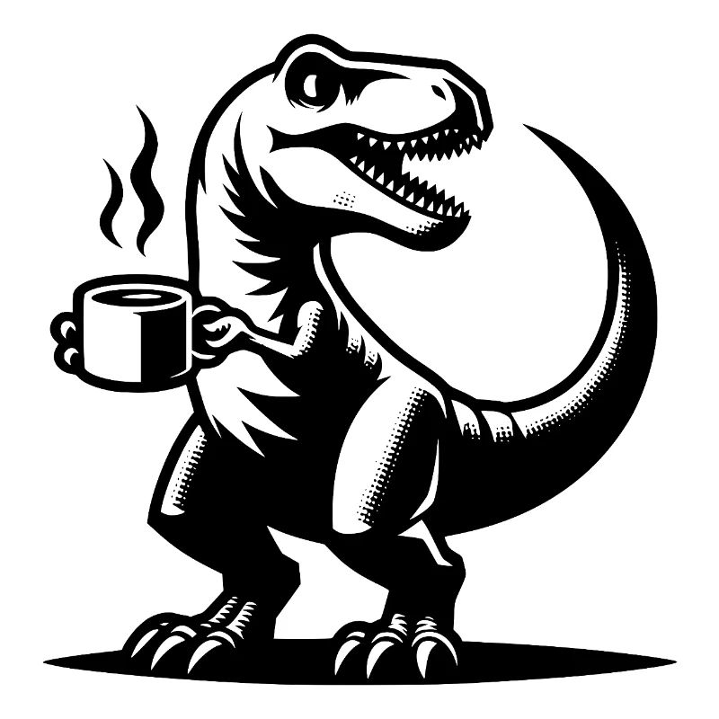 Grimmiger Morgenmuffel Dino mit Kaffeetasse