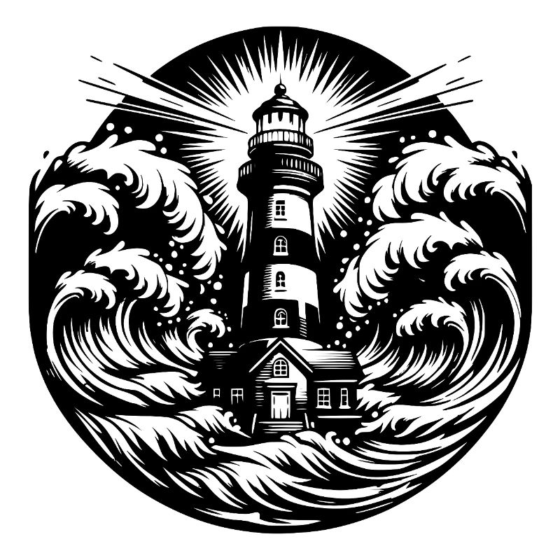 Phare côtier rayé dans une mer agitée