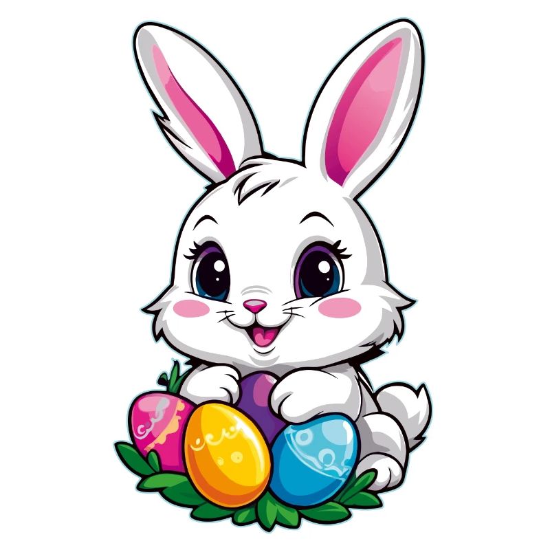 Funny little easter bunny with colorful eggs
