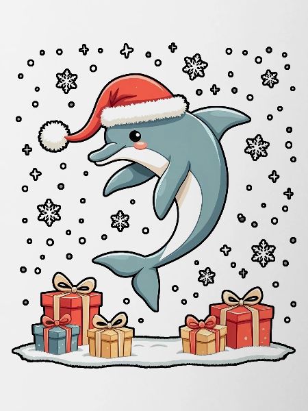 Dolphin with Santa Hat Snowflakes