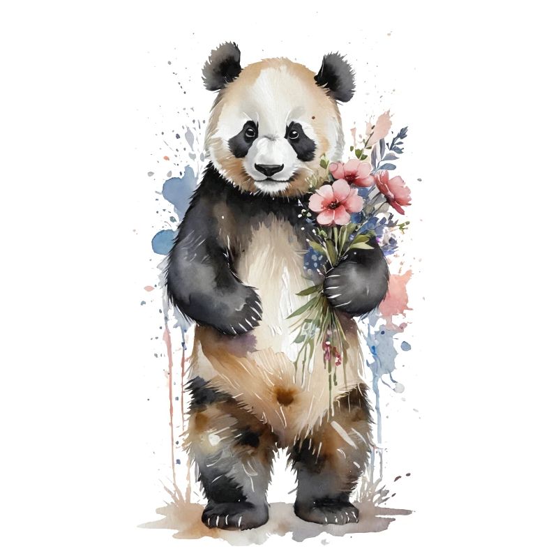 Gentil géant avec des fleurs - Aquarelle Panda