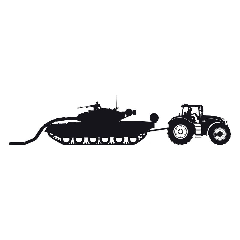 Ein Traktor, der einen kaputten Panzer zieht.