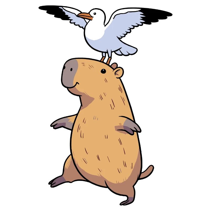 Comic Capybara Watershine with Seagull on Back