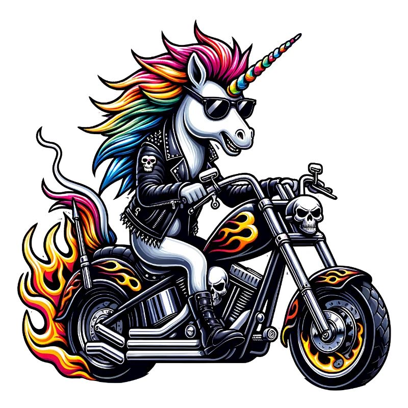 Motorcycle unicorn with rainbow mane and flames