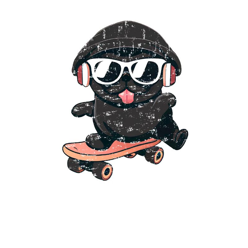 Hund Mops auf Skateboard