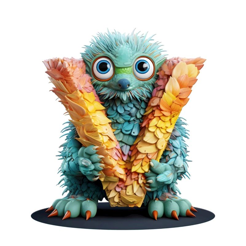 Feathery creature with letter V