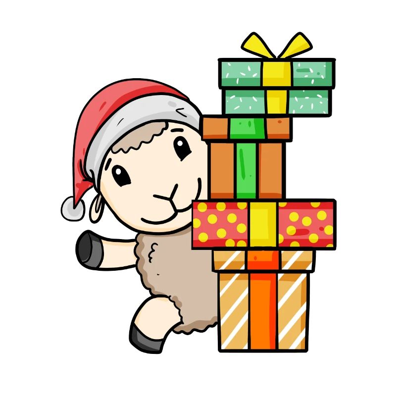 Schaf mit Weihnachtsmütze und Weihnachtsgeschenk