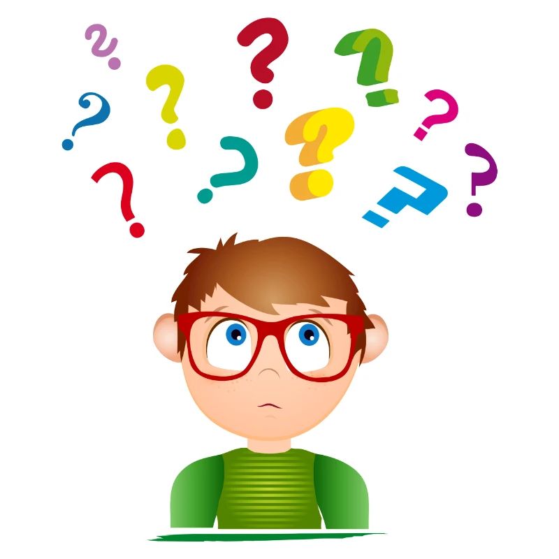 Boy with glasses with many colorful question marks