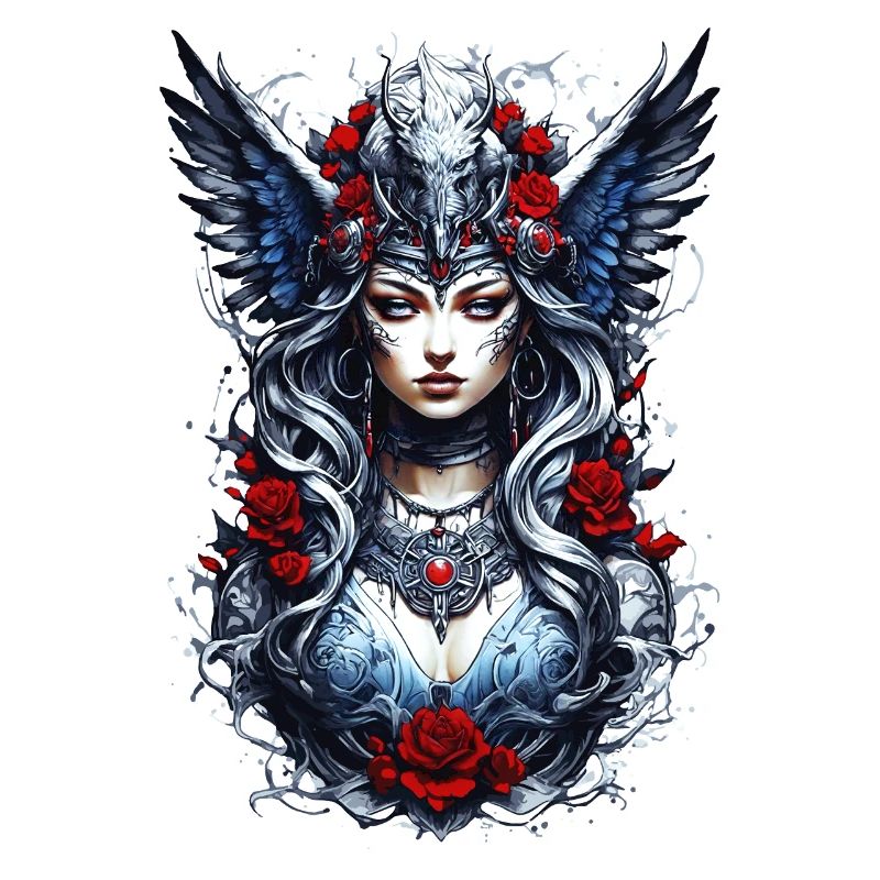 Valkyrie avec corbeaux, roses, vikings