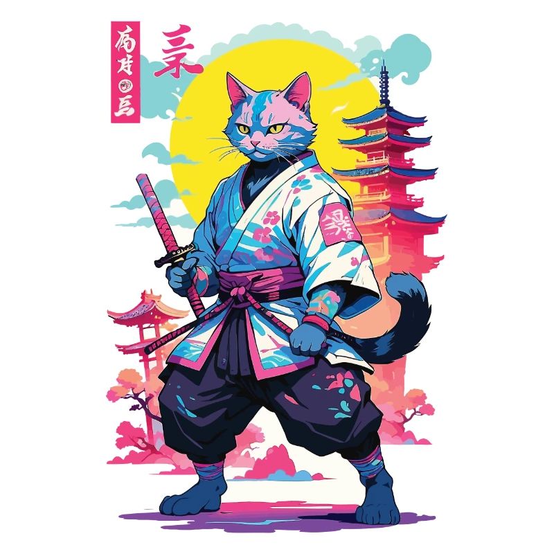 Samurai Cat Vaporwave Aesthetic Design