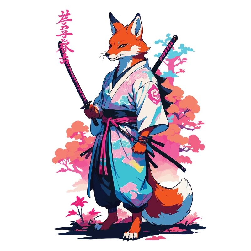 Kitsune Samurai Fox Esthétique Style Vaporwave