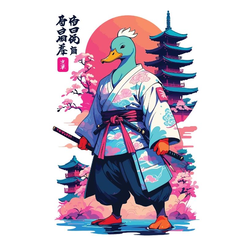 Samurai Duck in Aesthetic Vaporwave Style