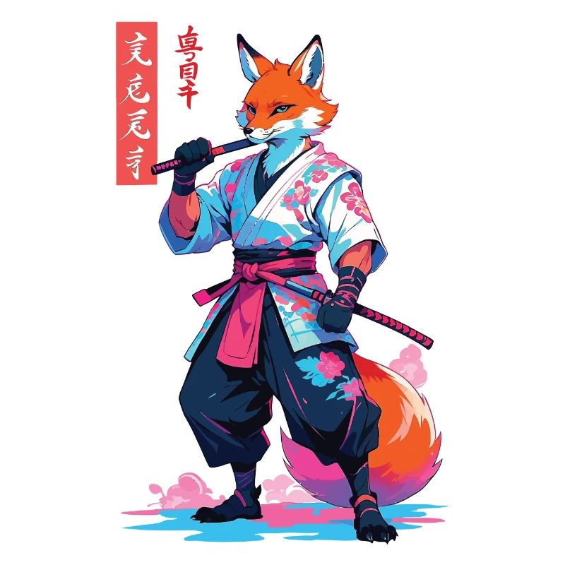 Kitsune Samurai Fox Esthétique Style Vaporwave