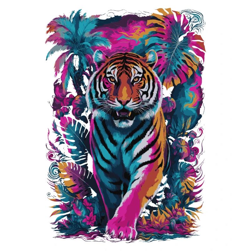 Psychedelischer Tiger im lebendigen Dschungel-Design
