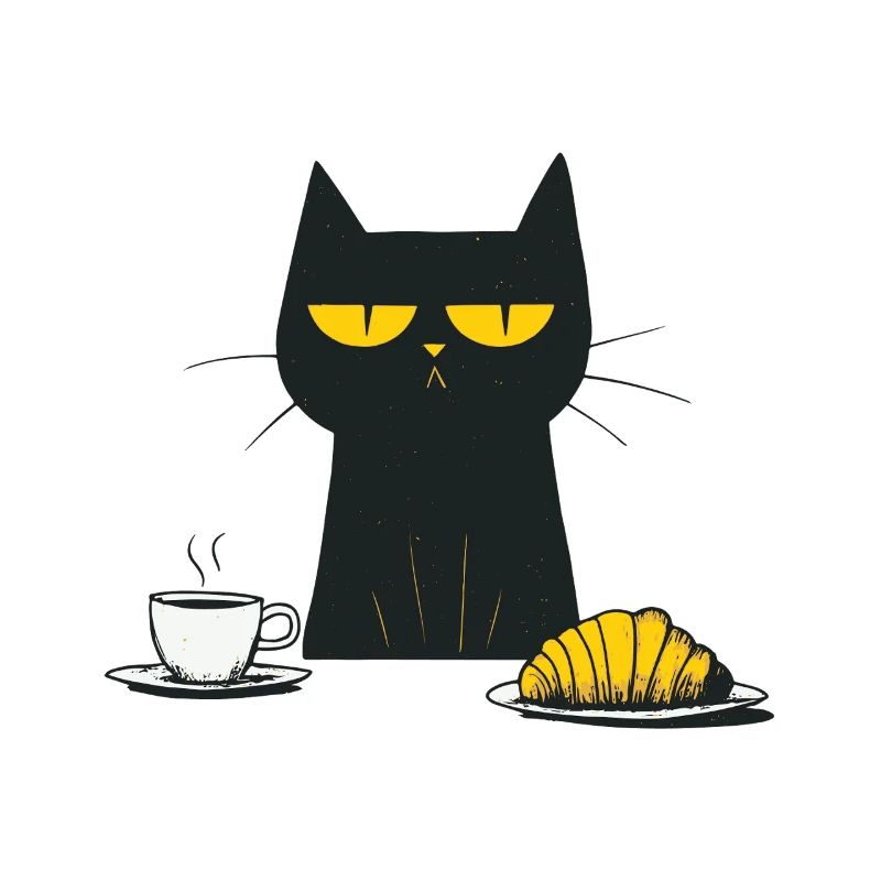 Chat avec café et croissant
