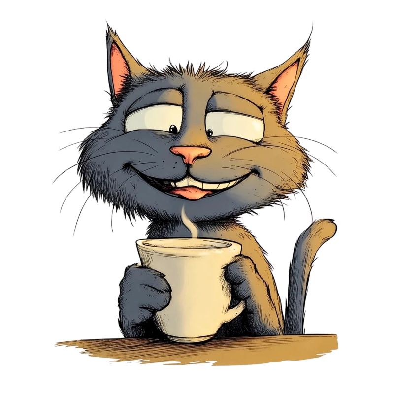 Satisfied Cat with Coffee - Comic Style