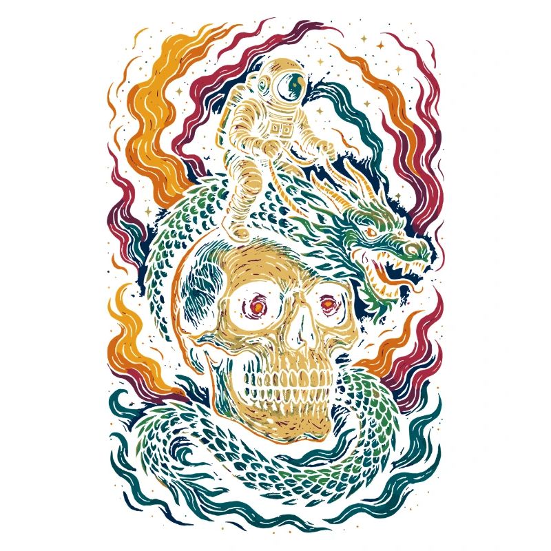 Astronaut Reitt Drachen Kosmische Schädel Kunst