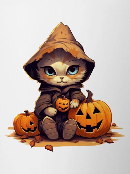 Halloween-Katze mit Kapuze und Kürbis