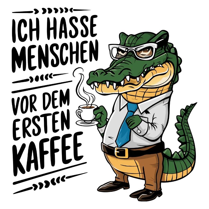 Erst Kaffee grantiges Krokodil mit Kaffeetasse